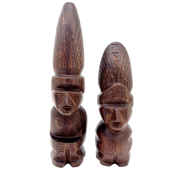 Set of 2 Wooden Statues 8 and 6 inch Tall Kneeling People with Headdress - Picture 1 of 11